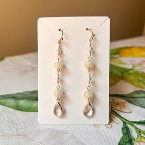Boho Bridal Prom Milky Jade Pearl Earrings, Victorian, Romantic Cute Long Dangle